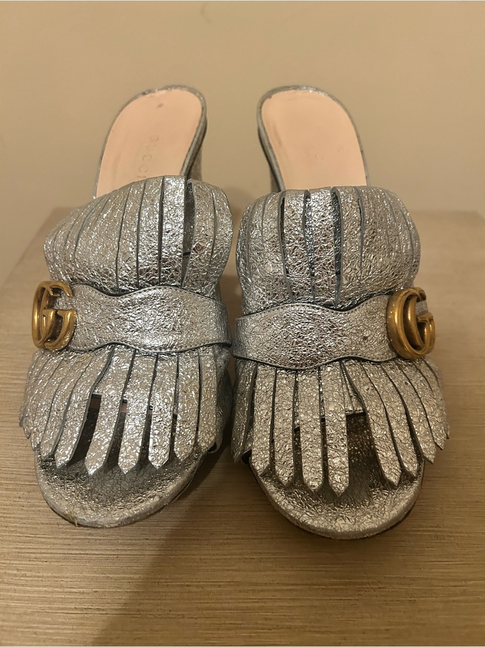 Gucci Marmont Silver Metallic Fringed Slide Sandals with Gold Double G